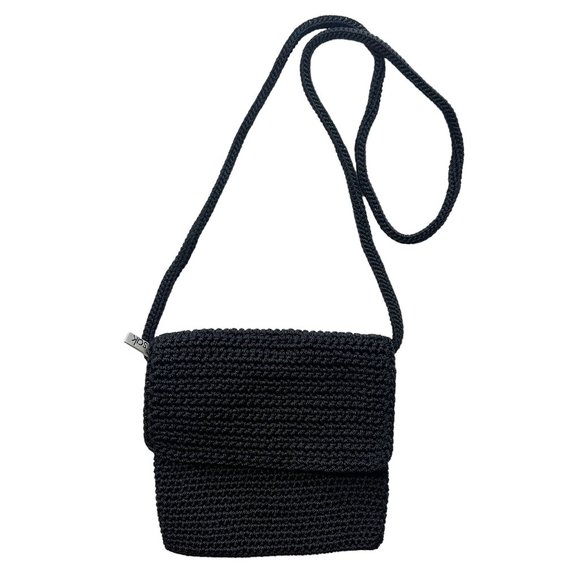 The SAK Small Black Square Crochet Woven Crossbody Zip Pocket Pouch Purse - Picture 1 of 7
